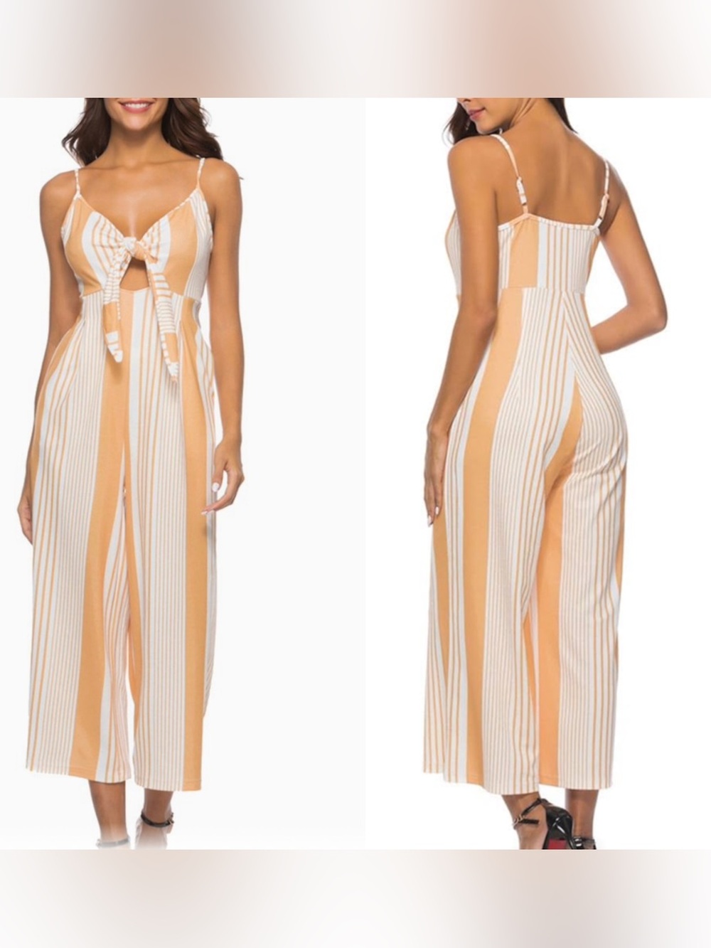Ci Sono Cream & Tan Striped Tie-Front Wide-Leg Jumpsuit
